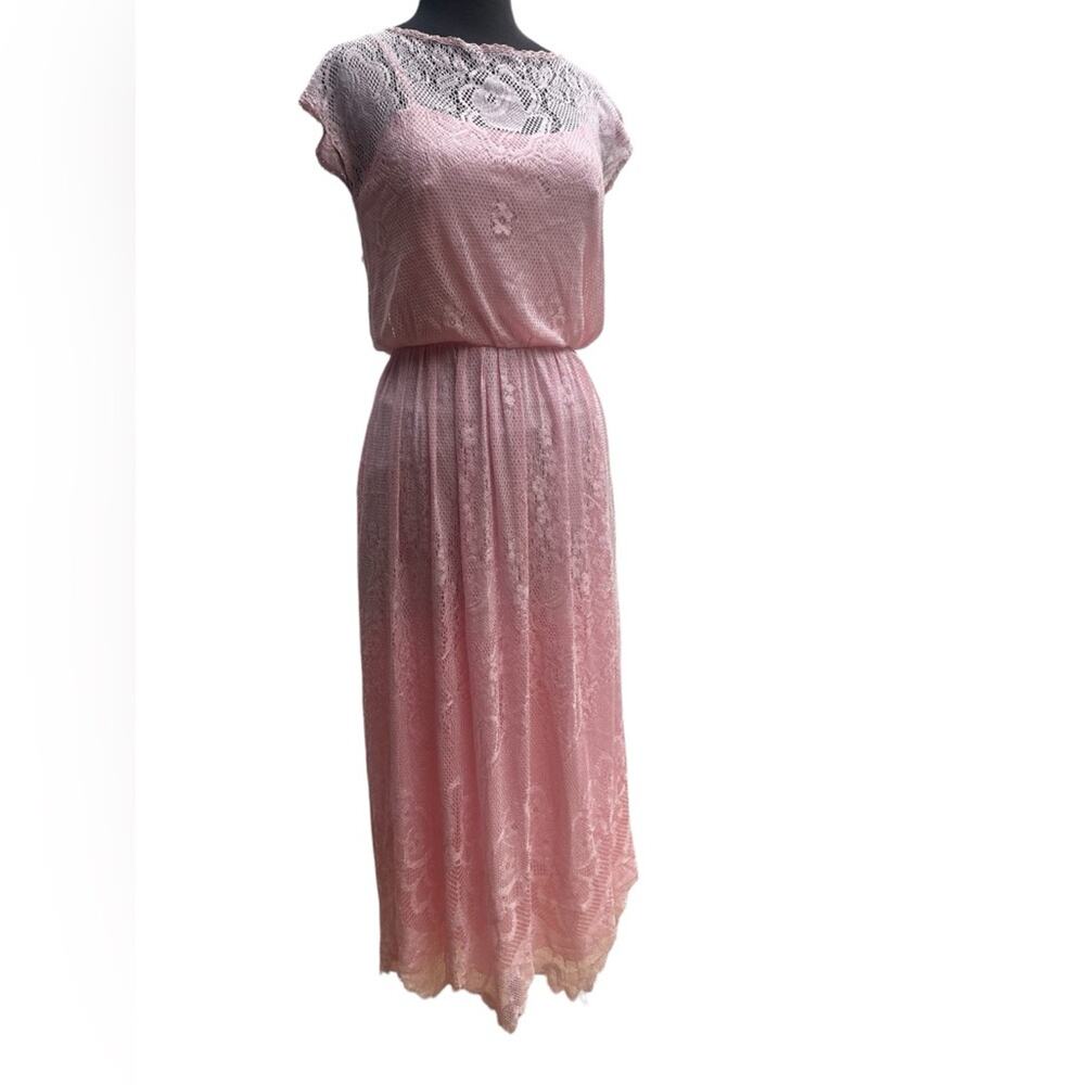 Vtg 70s Pink Floral Crochet Sheer Lace Coquette Boho Fairy Midi Ankle Dress XS